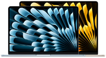 Notebooks MacBook Air, um menor à frente de outro maior, ambos abertos, com papéis de parede vibrantes em design abstrato nas cores azul e amarelo