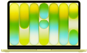 MacBook Neo aberto, exibindo um fundo em degradê colorido com listras verticais em tons de verde, amarelo e azul
