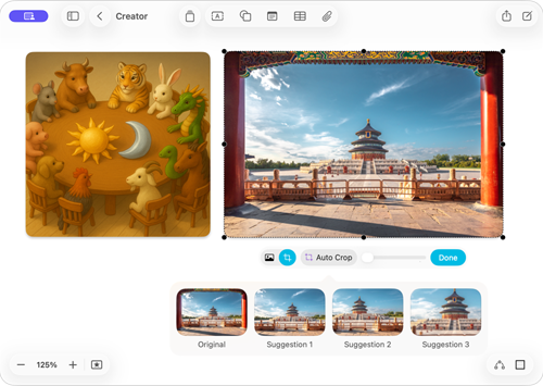 A tela mostra o app Freeform com dois recursos do Apple Creator Studio: gera??o de imagens e recorte automático