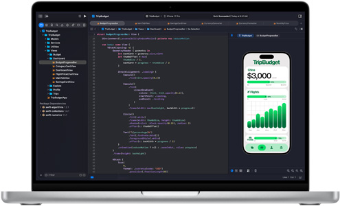 O app Xcode é mostrado em um MacBook Pro.