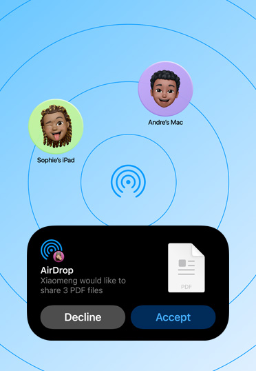 Interface do AirDrop mostrando uma solicita??o para compartilhar três arquivos PDF, com op??es de recusar ou aceitar