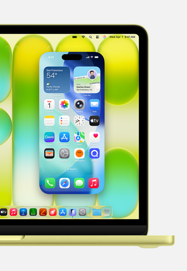 Parte da frente do MacBook, com a tela mostrando o recurso Espelhamento do iPhone, que permite controlar a tela do iPhone diretamente pelo Mac