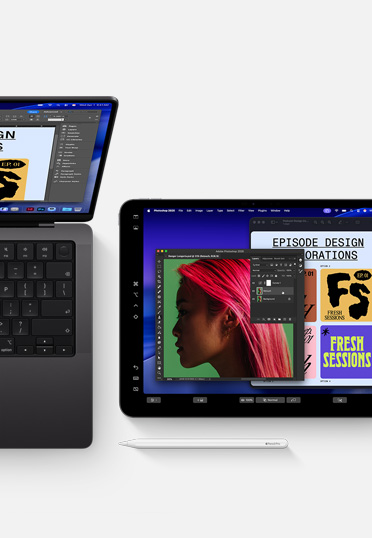 MacBook e iPad com Apple Pencil, ambos com a tela exibindo o mesmo software de design gráfico para mostrar a continuidade entre os aparelhos
