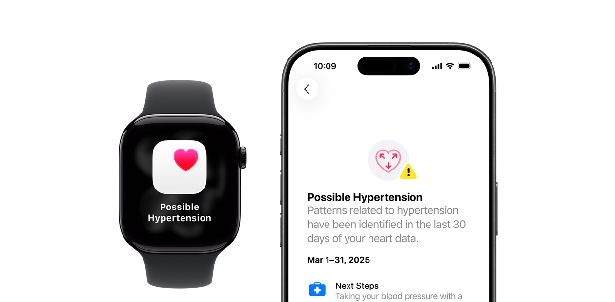 Et Apple Watch og en iPhone viser notifikationer om muligt forh?jet blodtryk.