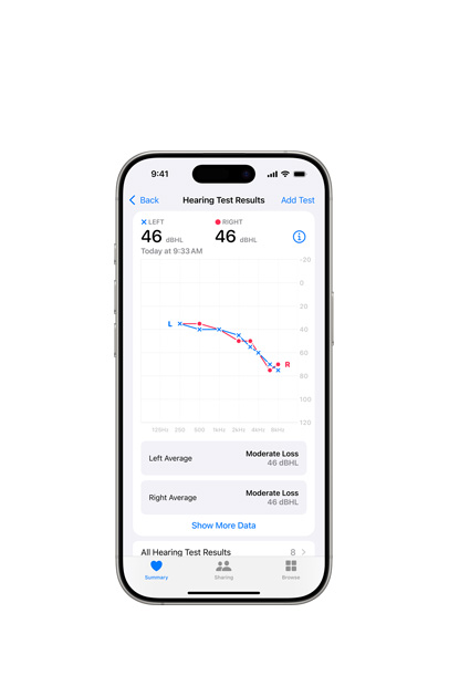 En iPhone viser resultaterne fra en AirPods 2-h?repr?ve.
