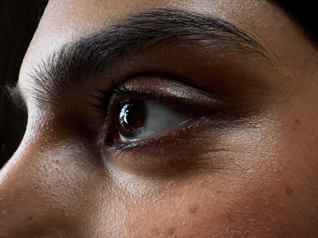 Een vrouw in een lege ruimte wordt gefotografeerd. Bij de zijkant van het gezicht van een vrouw is ingezoomd op haar ogen. De Camera-app wisselt van brandpuntsafstanden om de mogelijkheden van het pro-camerasysteem te laten zien, met de volgende opties: Macro