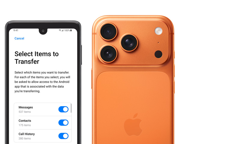 C?te à c?te, écran Android affichant l’app Migrer vers iOS, iPhone 17 Pro, face arrière, système caméra Pro Fusion, 3 objectifs, micro, flash