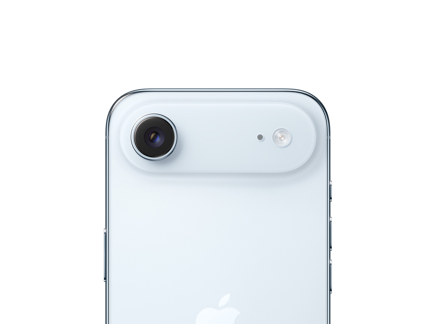 iPhone Air, face arrière, bleu ciel, caméra principale Fusion dans le plateau de la partie supérieure