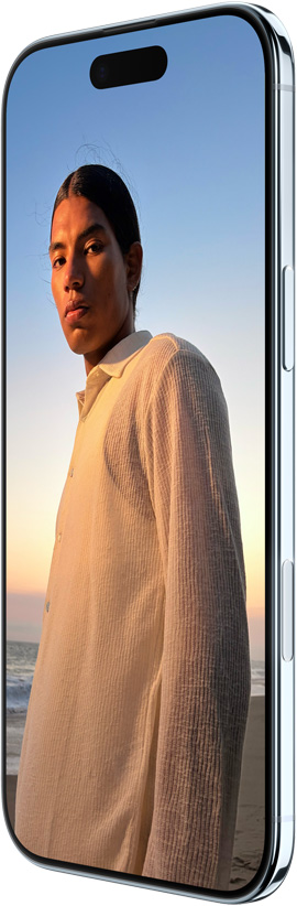 iPhone Air, face avant, c?té, écran intégral, Dynamic Island en haut, bouton latéral, bouton Commande de la caméra