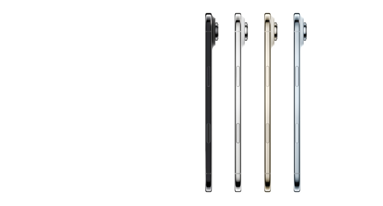 iPhone Air, vue latérale, de couleurs bleu ciel, or clair, blanc nuage et noir infini, profil très fin, système caméra Fusion, bouton latéral, bouton Commande de la caméra