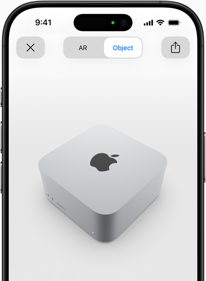 Vorschau des Mac Studio, die als AR Erlebnis auf einem iPhone angezeigt wird