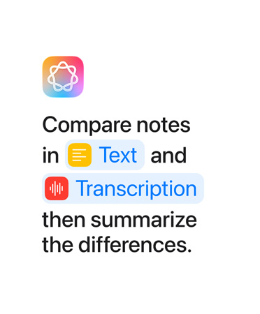 Vergleiche Notizen in Text und Transkription und fasse dann die Unterschiede zusammen, wobei die W?rter ?Text“ und ?Transkription“ blau hervorgehoben sind, wie sie in der Kurzbefehle App erscheinen würden.