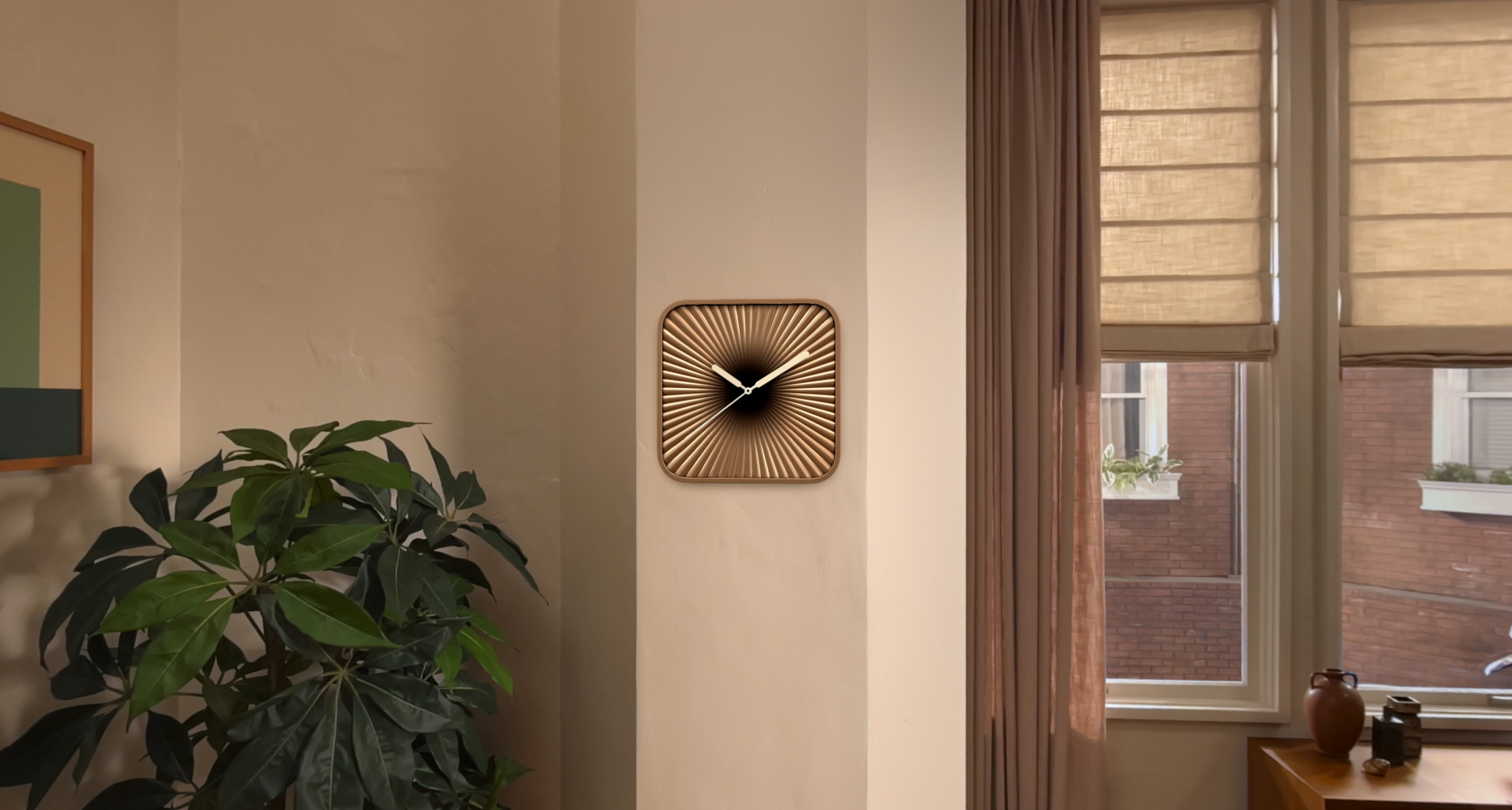 Plan rapproché d’un widget d’horloge dans un espace physique, vu à travers un Apple Vision Pro