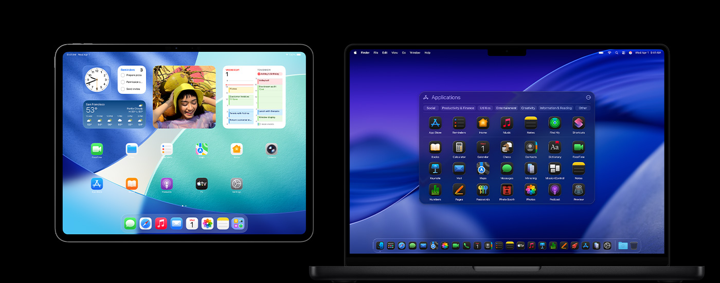 Hình ?nh iPad và máy Mac hi?n th? nhi?u bi?u t??ng ?ng d?ng khác nhau. Hình ?nh iPad hi?n th? m?t s? ti?n ích, bao g?m L?ch, Th?i ti?t và ?nh.