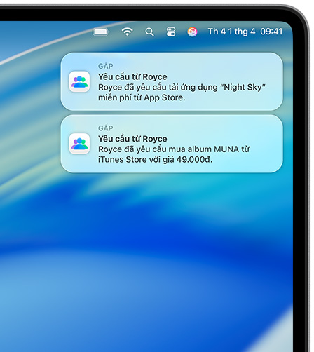 Hai th?ng báo v? macOS ? góc trên bên ph?i màn hình máy Mac, m?i th?ng báo hi?n th? các yêu c?u mua hàng, yêu c?u ??u tiên cho Night Sky t? App Store, yêu c?u th? hai cho album MUNA t? iTunes Store