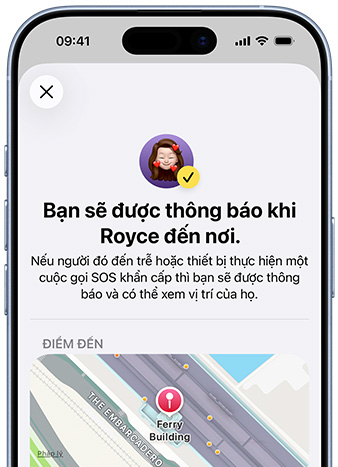 Màn hình iPhone hi?n th? xác nh?n r?ng th?ng báo Tìm ?? ???c thi?t l?p, dòng ch? có n?i dung 'B?n s? ???c th?ng báo khi Pedro ??n', b?n ?? có v? trí ???c ghim n?m ? cu?i màn hình