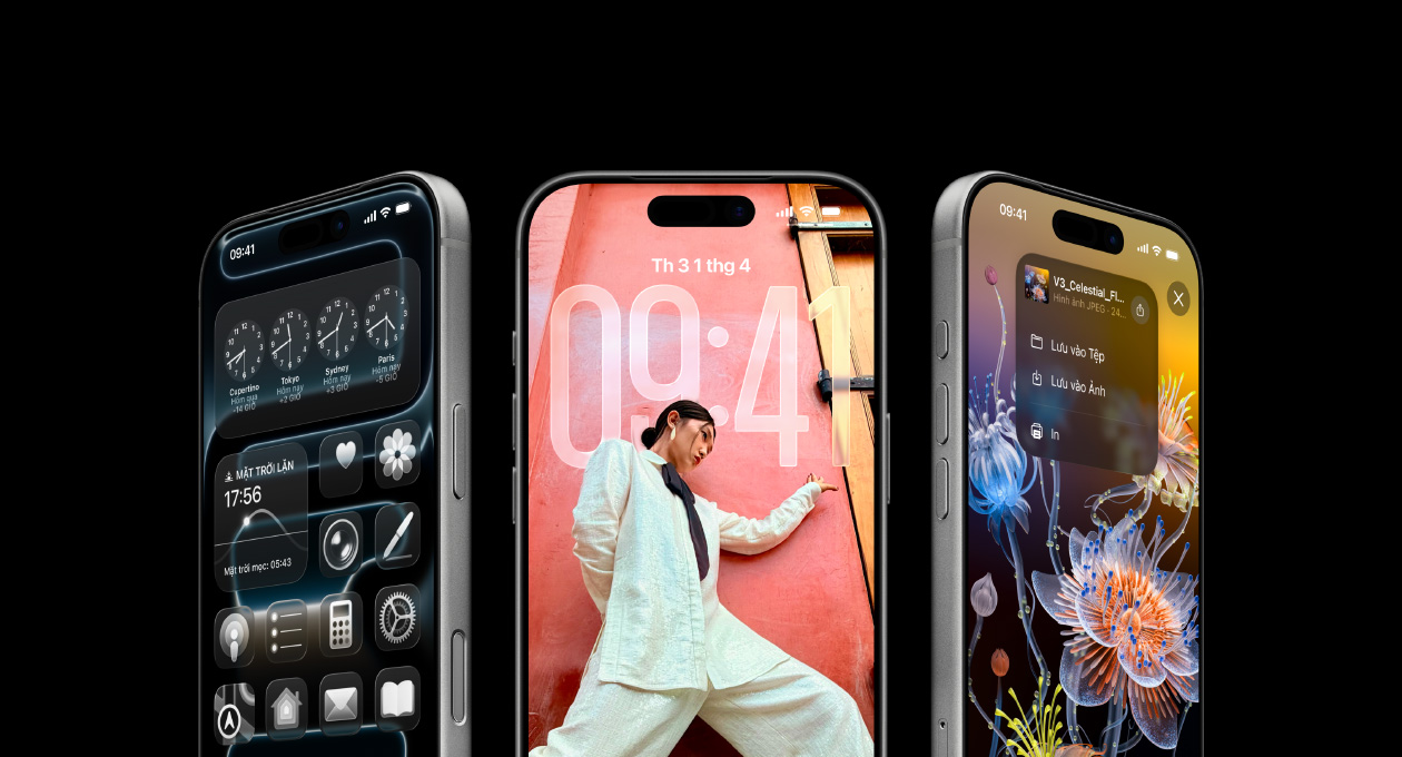 3 phiên b?n iPhone 17 Pro, v? ngoài m?t tr??c, ??t c?nh nhau, minh h?a ?ng d?ng ??ng H? Th? Gi?i, màn hình khóa(chǎn) iOS 26 và cách L?u T? Ghi Chú trên ?ng d?ng Ghi Chú.