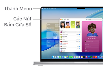 H??ng d?n ?i?u h??ng trên macOS trên MacBook Pro 14" v?i các ???ng th? hi?n v? trí c?a Thanh Menu và Các Nút B?m C?a S?.