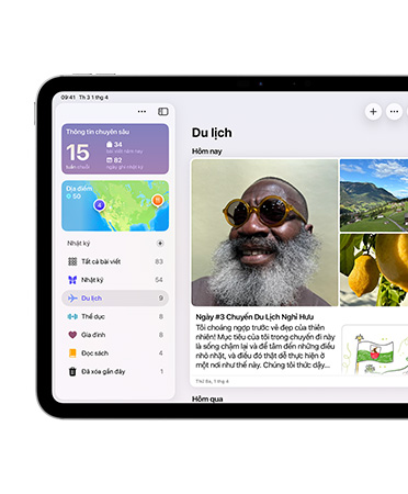 iPad, n?m ngang, bên trái màn hình hi?n th? ?ng d?ng Nh?t Ky