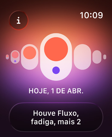 Acompanhamento de Ciclo no app Saúde, com pontos laranjas e roxos destacando diferentes sintomas da menstrua??o