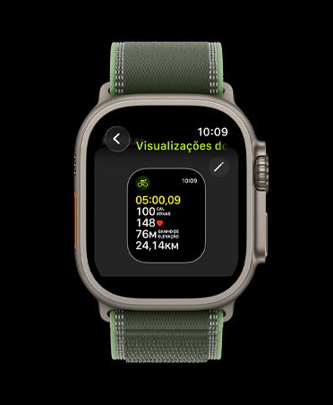Apple Watch Ultra 3, caixa natural de titanio, Visualiza??es do Exercício, pulseira loop Trail azul/azul-brilhante