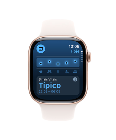 Apple Watch Series 11 com caixa cor de ouro rosa de alumínio, pulseira esportiva blush-clara e lateral direita com Digital Crown, app Sinais Vitais, gráfico de pontua??o de saúde, notifica??o típica de sinais vitais noturnos.