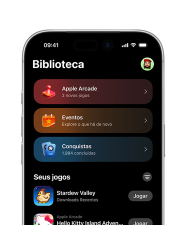 iPhone, metade superior da tela mostrando o layout do app Games, incluindo a aba Biblioteca, Apple Arcade, Eventos, Conquistas e a se??o Todos os Jogos.
