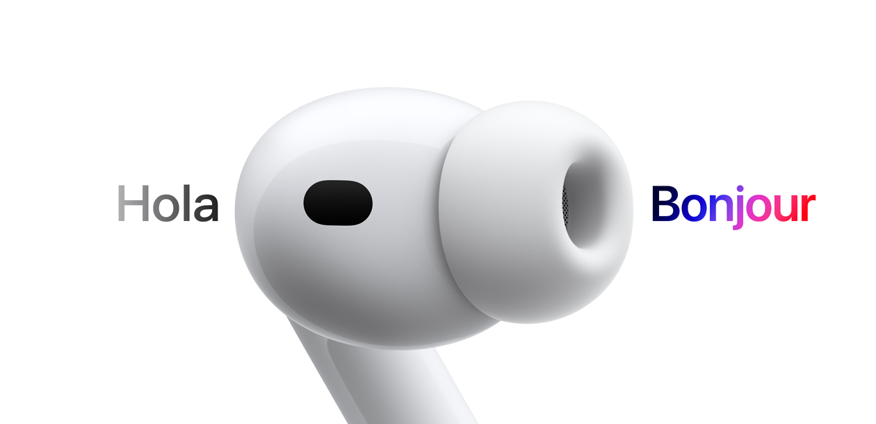 AirPods Pro 3, écouteur avec embout en silicone, traduction en direct du texte espagnol ? hola ? en texte fran?ais ? bonjour ?