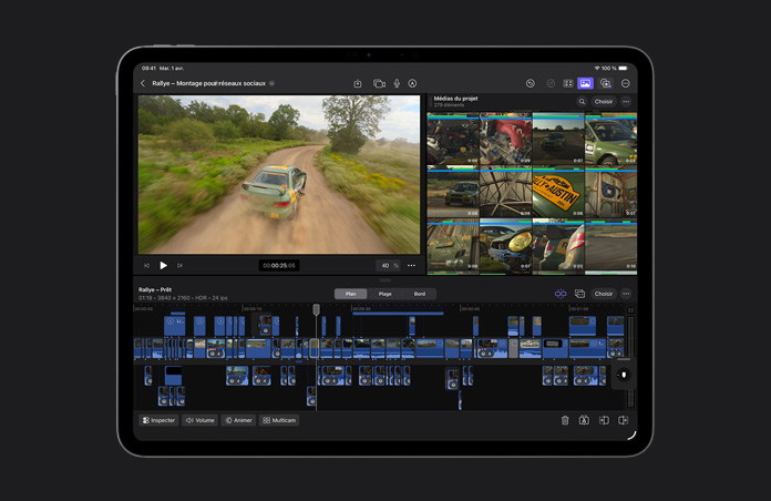 écran d’iPad Pro 13 pouces, Interface et timeline de Final Cut Pro montrant une voiture verte roulant sur une grande route