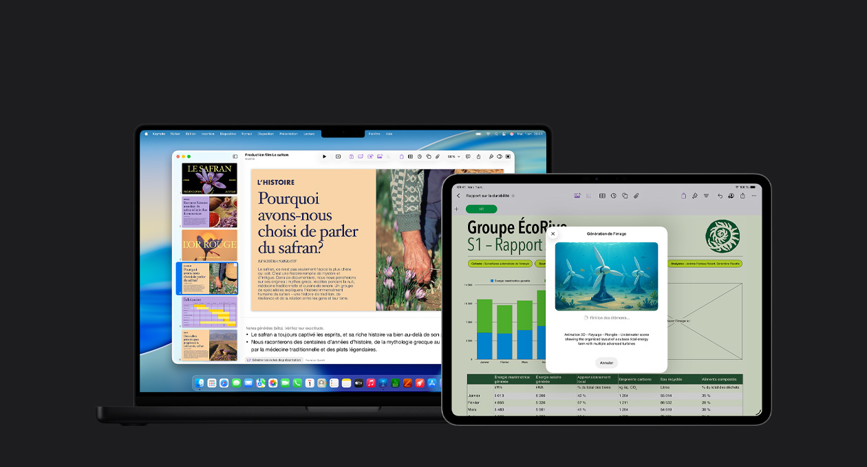 écran d’iPad Pro 13 pouces, diapositive d’un rapport avec un graphique, un tableau et des images, écran de MacBook Pro 16 pouces affichant une présentation Keynote avec plusieurs diapositives à gauche et des notes de présentation générée au bas.
