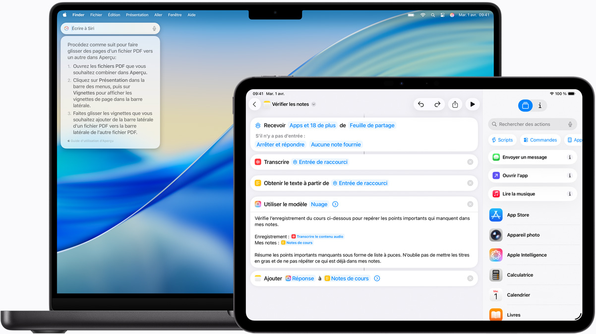 Mac montrant la communication par écrit avec Siri et iPad montrant un Raccourci con?u avec Apple Intelligence.