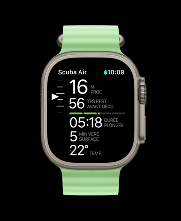 Apple Watch Ultra 3, naturel, bo?tier en titane, données de plongée d’Oceanic+ : profondeur, durée de décompression, durée de plongée, minutes avant d’atteindre la surface, température de l’eau, bracelet Océan, vert fluo