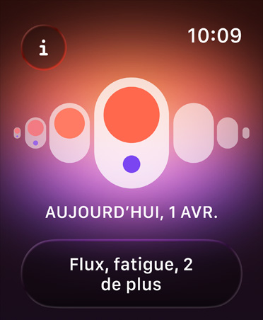 Suivi du cycle dans l’app Santé, points orange et violets soulignant différents sympt?mes de menstruations