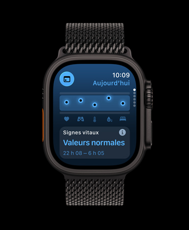 Apple Watch Ultra 3, noir, bo?tier en titane, app Signes vitaux, tableau des données de santé, notification d’anomalies dans les signes vitaux nocturnes, bracelet, milanais noir