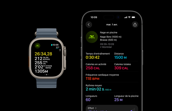 Apple Watch Ultra 3, naturel, bo?tier en titane, données de l’entra?nement de nage en piscine, analyse complète affichée sur l’iPhone jumelé