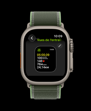 Apple Watch Ultra 3, naturel, bo?tier en titane, vues d’entra?nement, bracelet, Sentier bleu/bleu vif