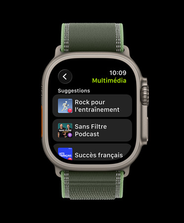 Apple Watch Ultra 3, bo?tier en titane, naturel, Apple Music, suggestions de musique et de balados, bracelet, Sentier, vert/vert fluo