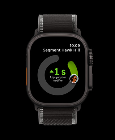 Apple Watch Ultra 3, noir, bo?tier en titane, app Strava, tuiles d’entra?nement : Course à l’extérieur, Vélo d’extérieur, Course à l’intérieur, bracelet, Sentier, noir/charbon