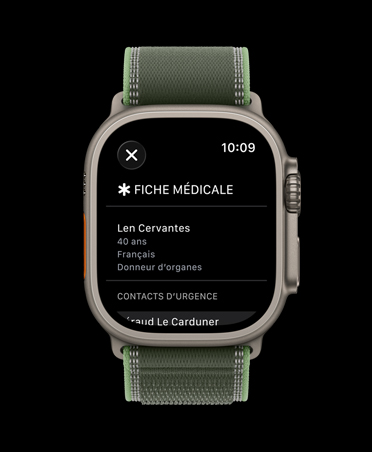 Apple Watch Ultra 3, naturel, bo?tier en titane, écran de la fiche médicale