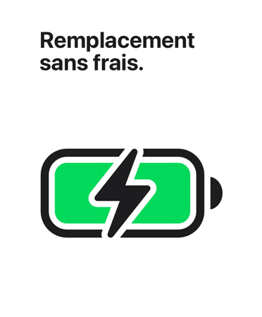 Message ? remplacement sans frais ? au-dessus d’une ic?ne de batterie chargée