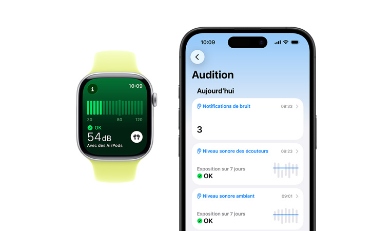 Apple Watch Series 11, bo?tier en aluminium, argent, app Bruit, bracelet sport jaune fluo, résumé détaillé quotidien de la catégorie Audition affiché sur un iPhone jumelé