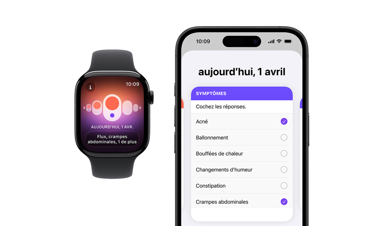 Apple Watch Series 11, bo?tier en aluminium, noir de jais poli, bracelet sport, noir, app Suivi du cycle, sélecteur de sympt?mes quotidiens ouvert sur un iPhone jumelé