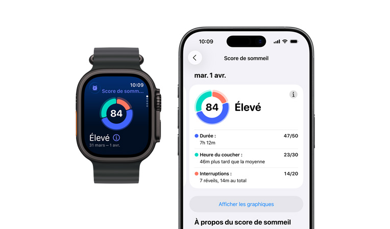 Apple Watch Ultra 3, bo?tier en titane, noir, graphique circulaire et résultat du score de sommeil, c?té gauche, bouton Action, c?té droit, Digital Crown, bouton latéral, bracelet Océan, noir, analyse complète du sommeil ouverte sur un iPhone jumelé