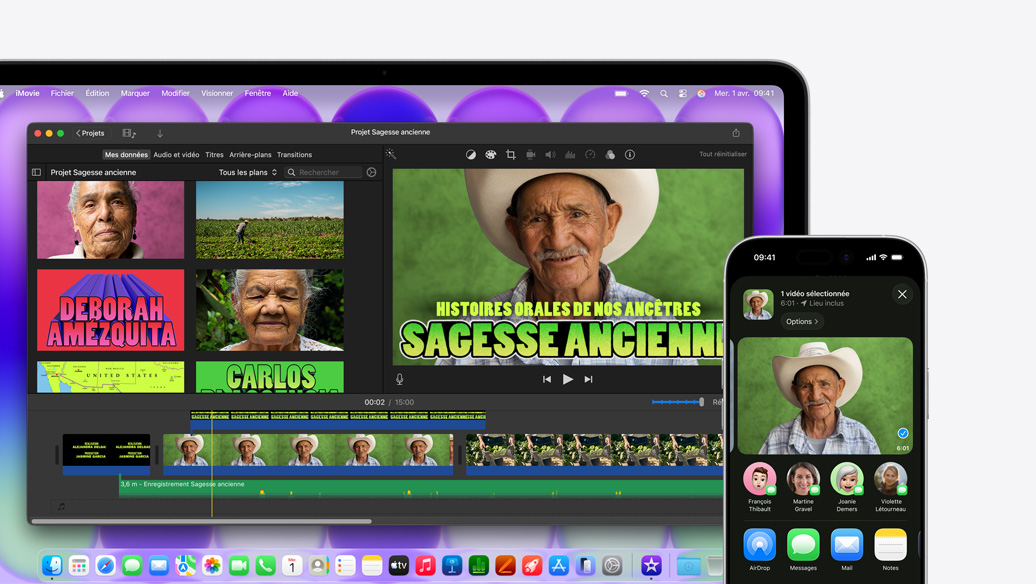 Un MacBook Neo, argent, affichant un projet iMovie intitulé Projet Sagesse ancienne, à c?té d’un iPhone montrant la vidéo d’une des personnes présentes dans le projet iMovie, sous la vidéo se trouve une liste d’options de partage, dont AirDrop