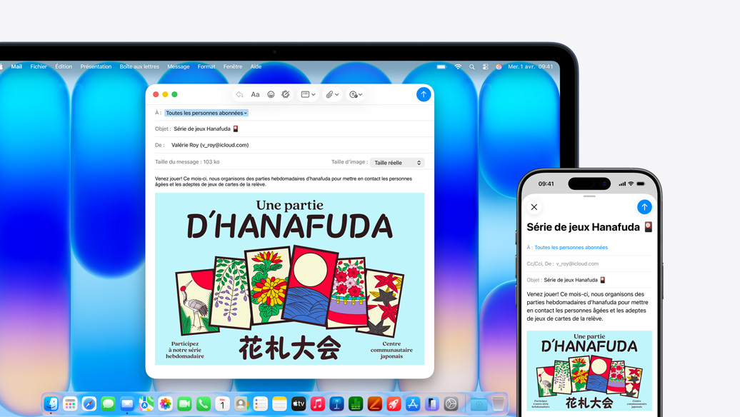 Un MacBook Neo, indigo, à c?té d’un iPhone, les deux écrans affichent le même courriel annon?ant un événement dans un centre communautaire