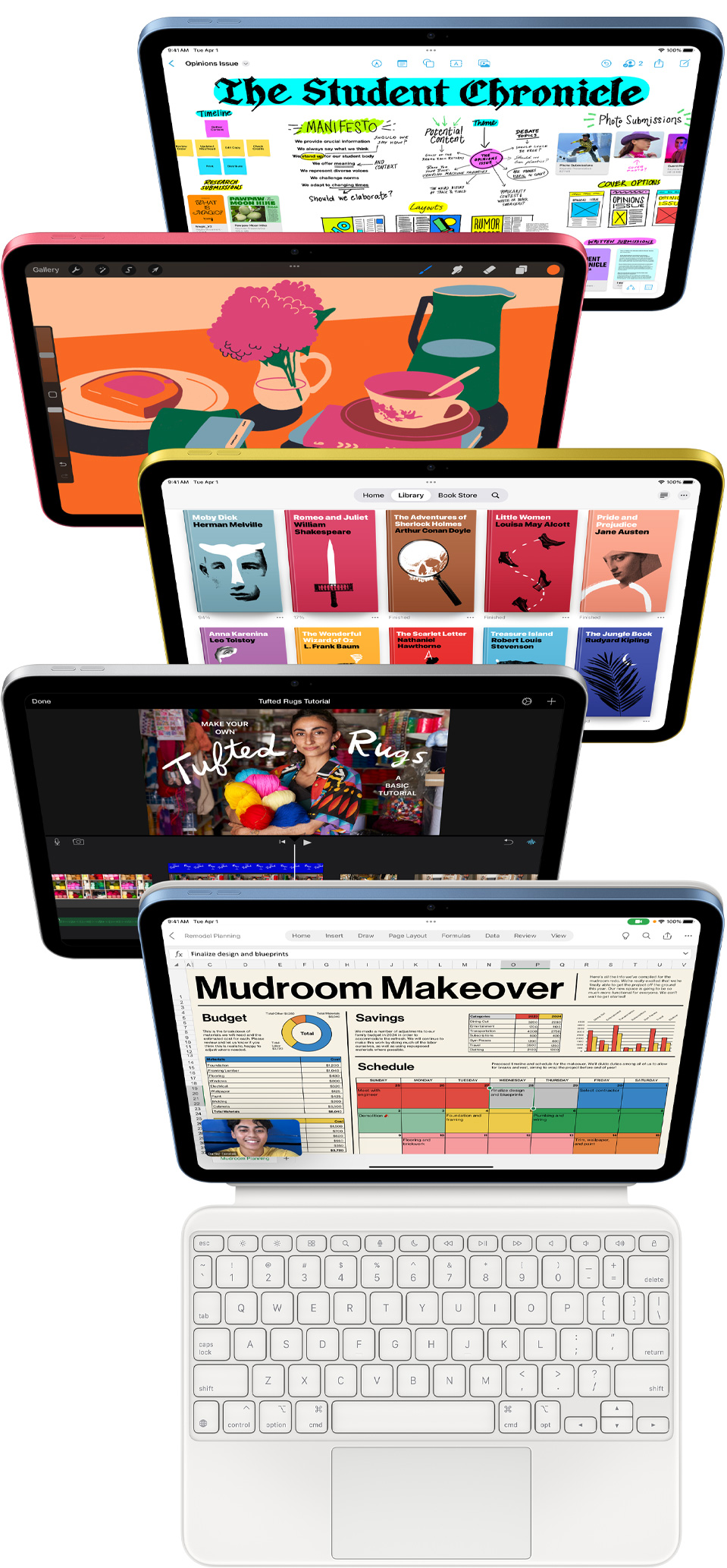 Pohled zep?edu na několik iPad? s otev?enymi aplikacemi jako Freeform, ProCreate, Apple Books, iMovie a Excel s aplikací Webex Meetings.