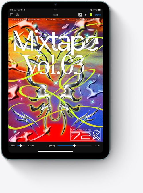 iPad mini v orientaci na vy?ku, na něm barevná obrazovka aplikace Pixelmator.