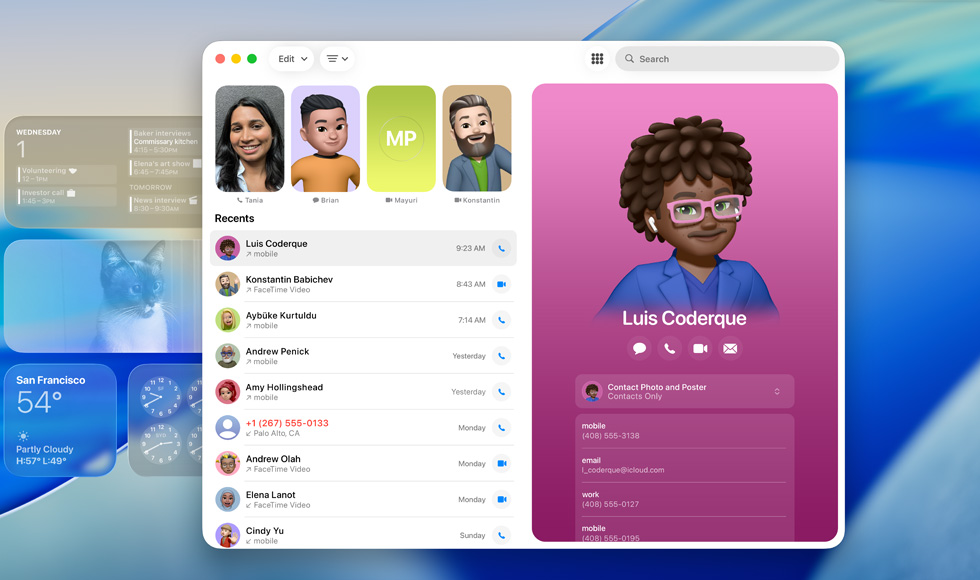Zamknutá obrazovka s otev?enou aplikací FaceTime, seznam posledních hovor? a vedle karta kontaktu s Genmoji a jménem osoby