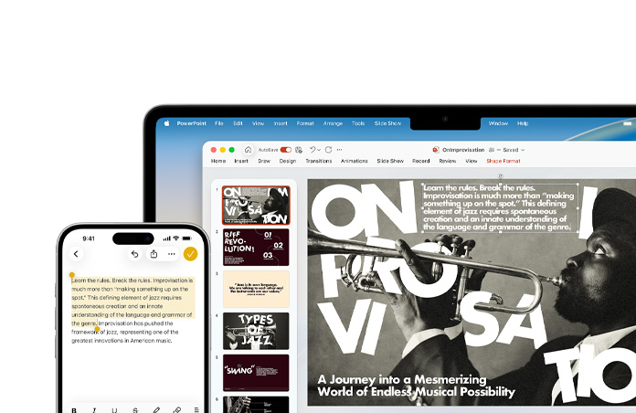 iPhone 16 Plus se zvyrazněnym textem v aplikaci Poznámky, MacBook Air s otev?enou prezentací v PowerPoint, na snímku je viditelny text z aplikace Poznámky