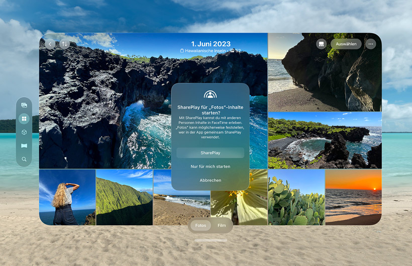 Fotomediathek in der SharePlay Benutzeroberfl?che über der Bora Bora Umgebung; ein Fenster mit der überschrift SharePlay Fotos wird angezeigt, mit drei Tasten mit den Beschriftungen: SharePlay, Nur für mich starten und Abbrechen